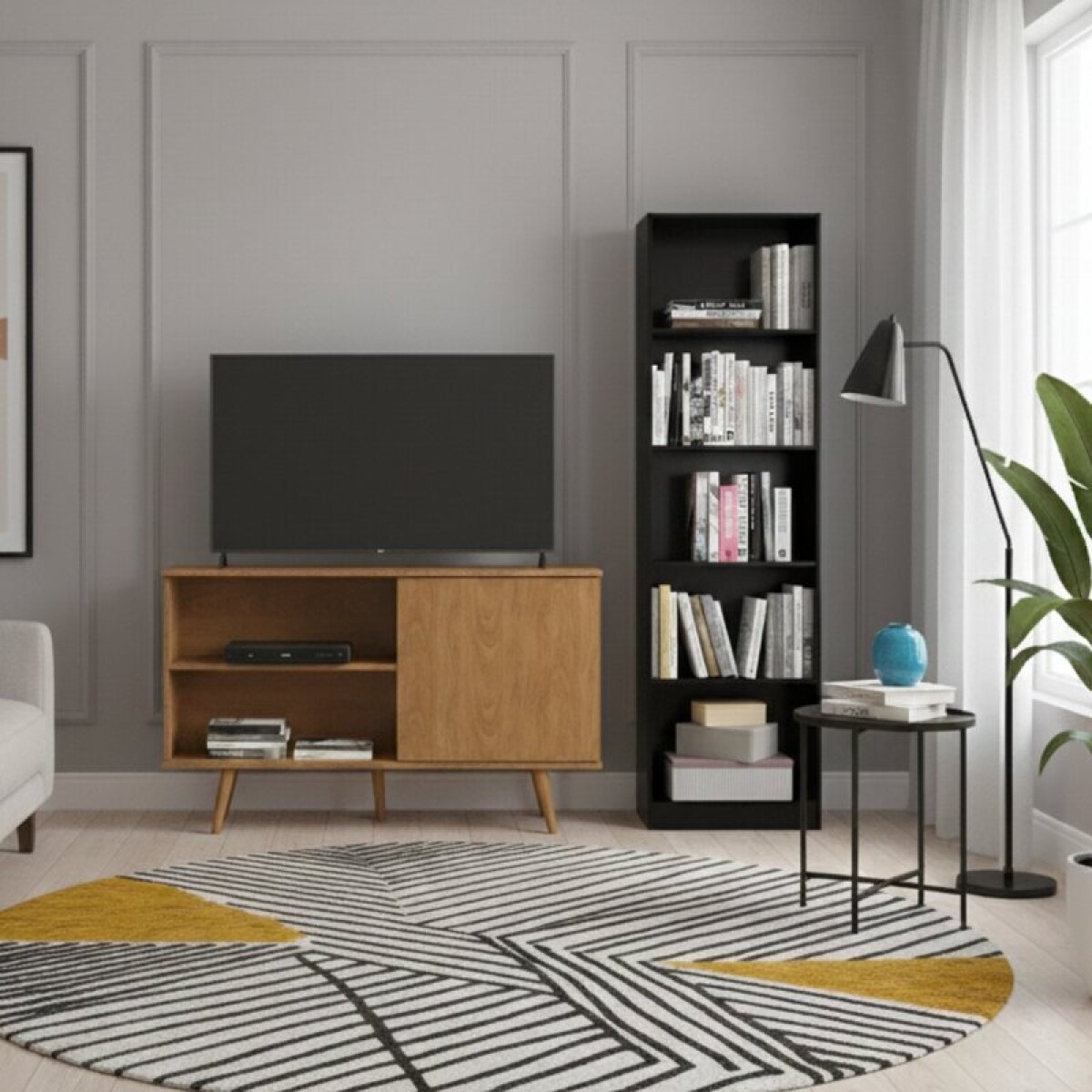 Combo de living Rack de Tv PADUA y Biblioteca Multiusos Anita - Combinado Freijo y Negro 