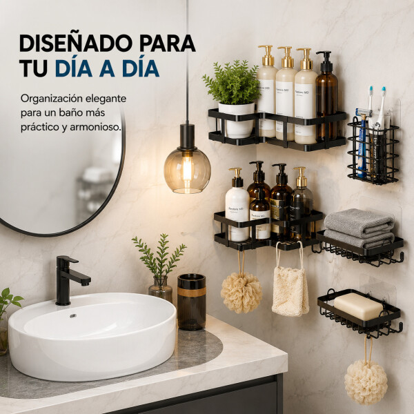 Organizador Baño Estante 5 Piezas Adhesivo Acero Inoxidable Negro 1