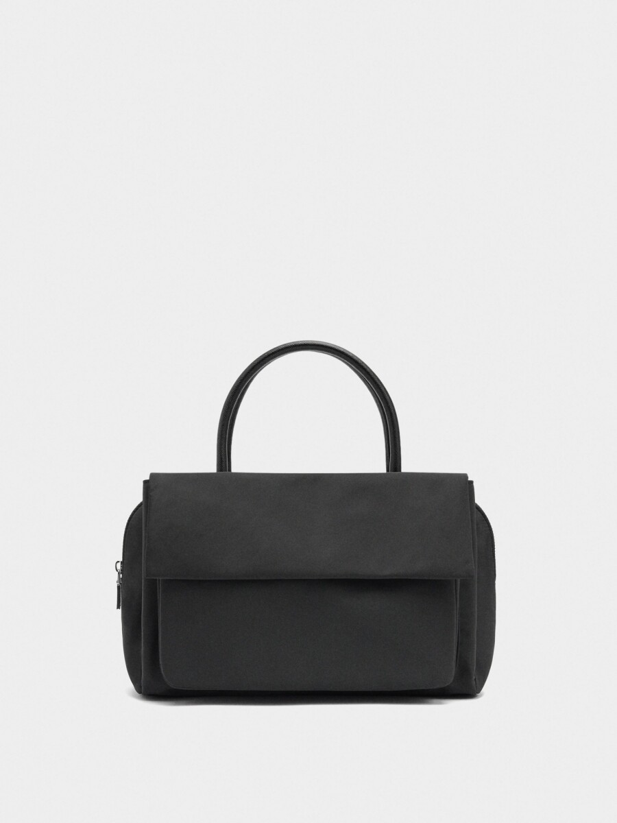 Bolso Tote De Nylon Con Doble Solapa negro