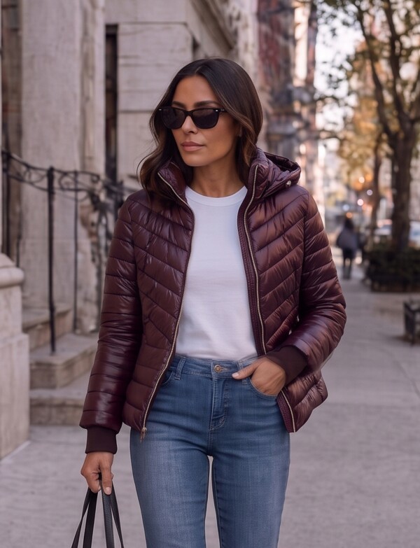 Campera Puffer Satinada Con Capucha Y Puños MARRON