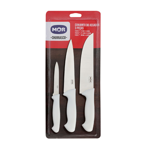 KIT ASADO 3 CUCHILLOS MANGO BLANCO BLANCO