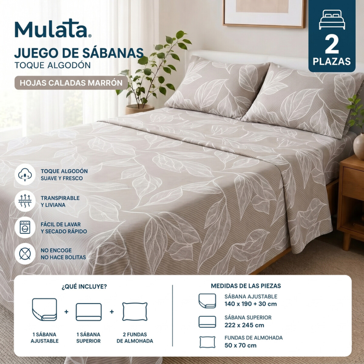 Juego De Sabanas 2 Plazas Toque Algodón Sommier Hojas Caladas Marrón 