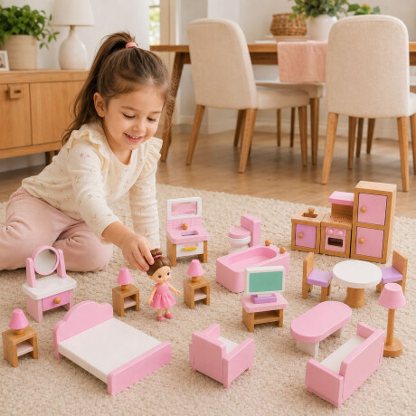 Set Muebles De Madera Para Casa Muñecas 22 Piezas Infantil Rosado