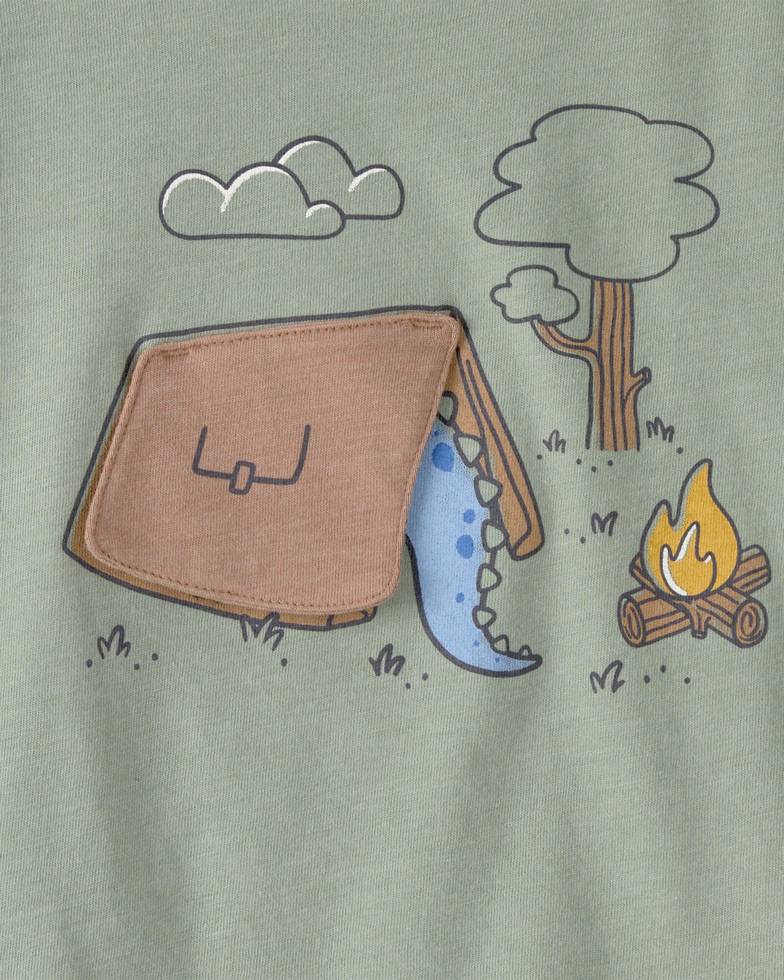 Remera de algodón, manga corta, verde, estampa dino y camping Sin color