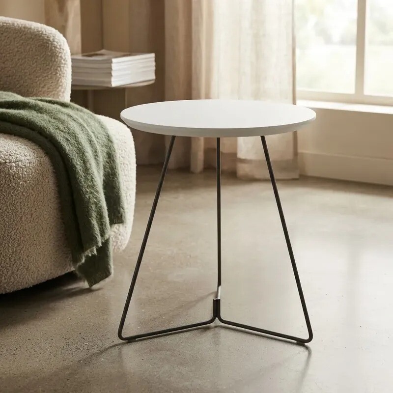 MESA LATERAL REDONDA - TAPA DE MADERA COLOR BLANCO Y PIE EN METAL GRAFITO MESA LATERAL REDONDA - TAPA DE MADERA COLOR BLANCO Y PIE EN METAL GRAFITO