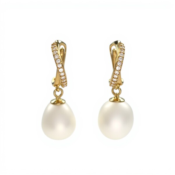 Caravanas cruz Perlas y Zirconias - Oro bajo - Perla de río- CA8219 conperla