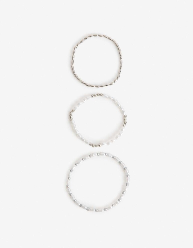 Pulseras Elásticas Sets Perlas Set Pulseras Perlas Y Metal - Plateado Rodio