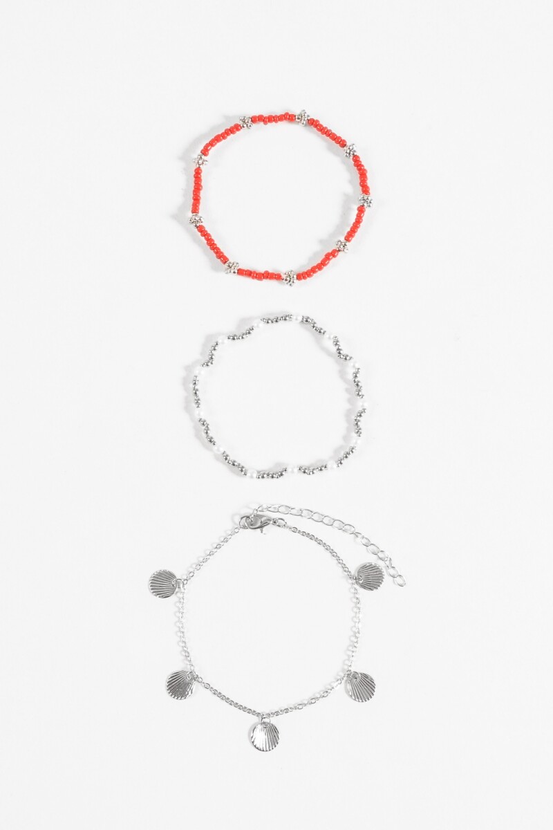 Tobillera triple con mostacillas rojo