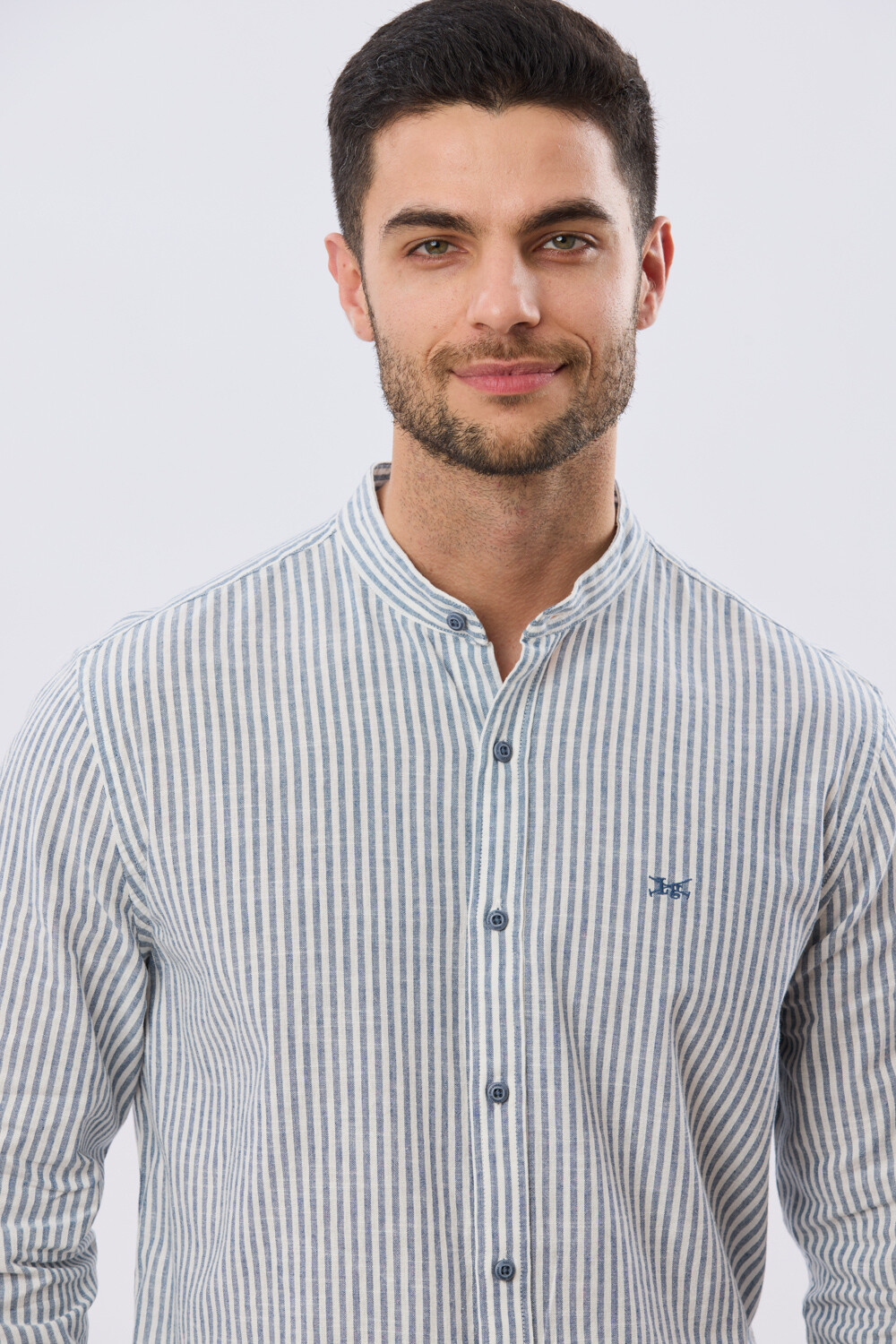 CAMISA RAYADA DE LINO CUELLO MAO Denim