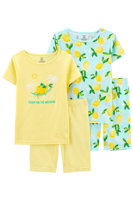 Pijama cuatro piezas de algodón dos remeras y dos bermudas, diseños limones Sin color