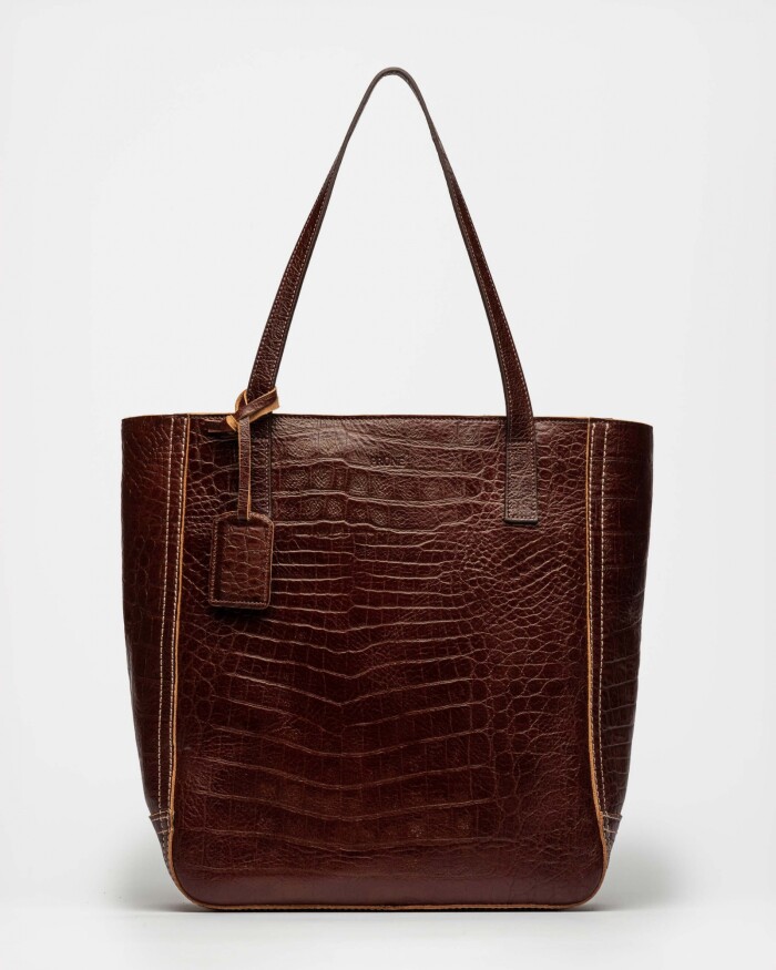 Shopper Vera En Cuero Grabado Croco Red Tabaco