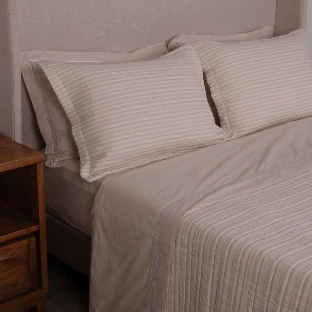 SET CUBRECAMA 2 PLAZAS ALGODON NATURAL-BEIGE COTTON STRIPE ARENA