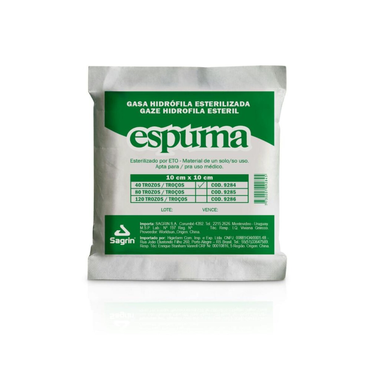 Gasa Hidrofila Estéril Espuma 10x10cm 40 Trozos 