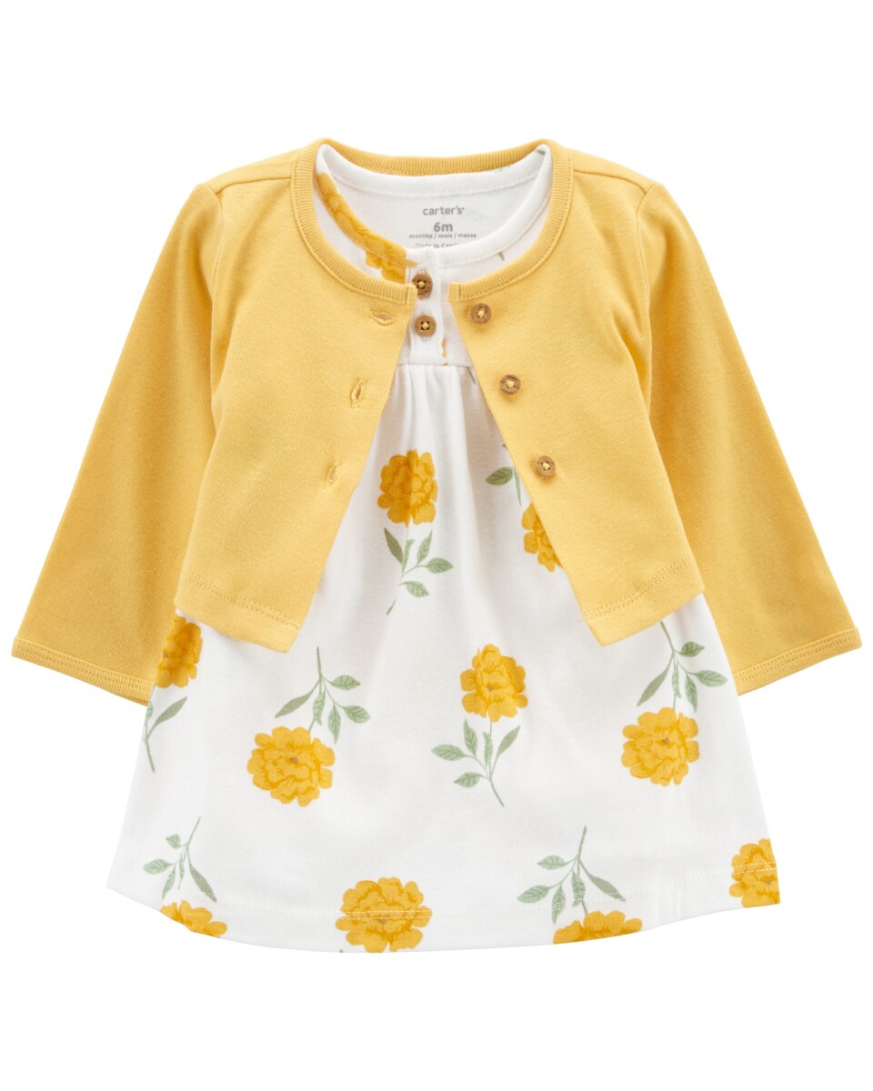 Set dos piezas vestido floral y saco de punto de algodón 