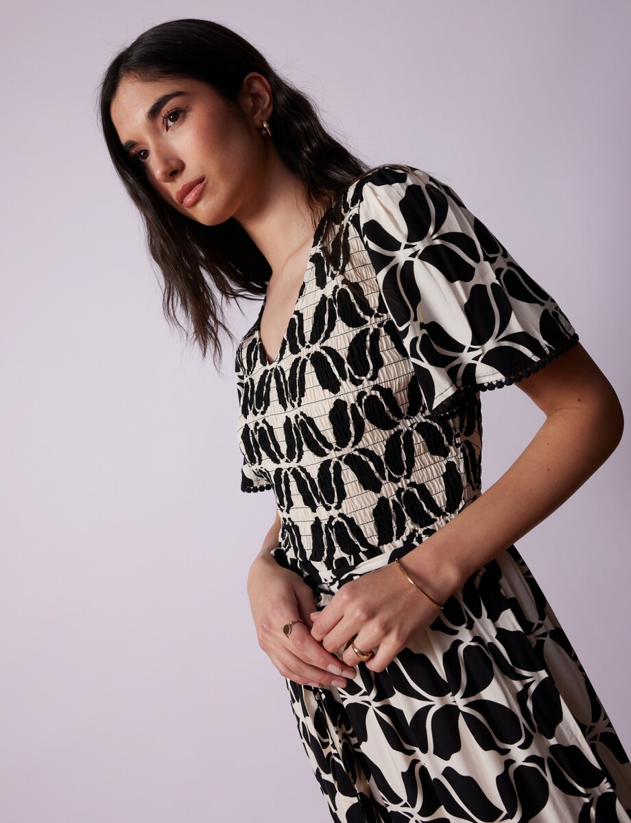 Vestido Punto Smock - Negro/crudo 