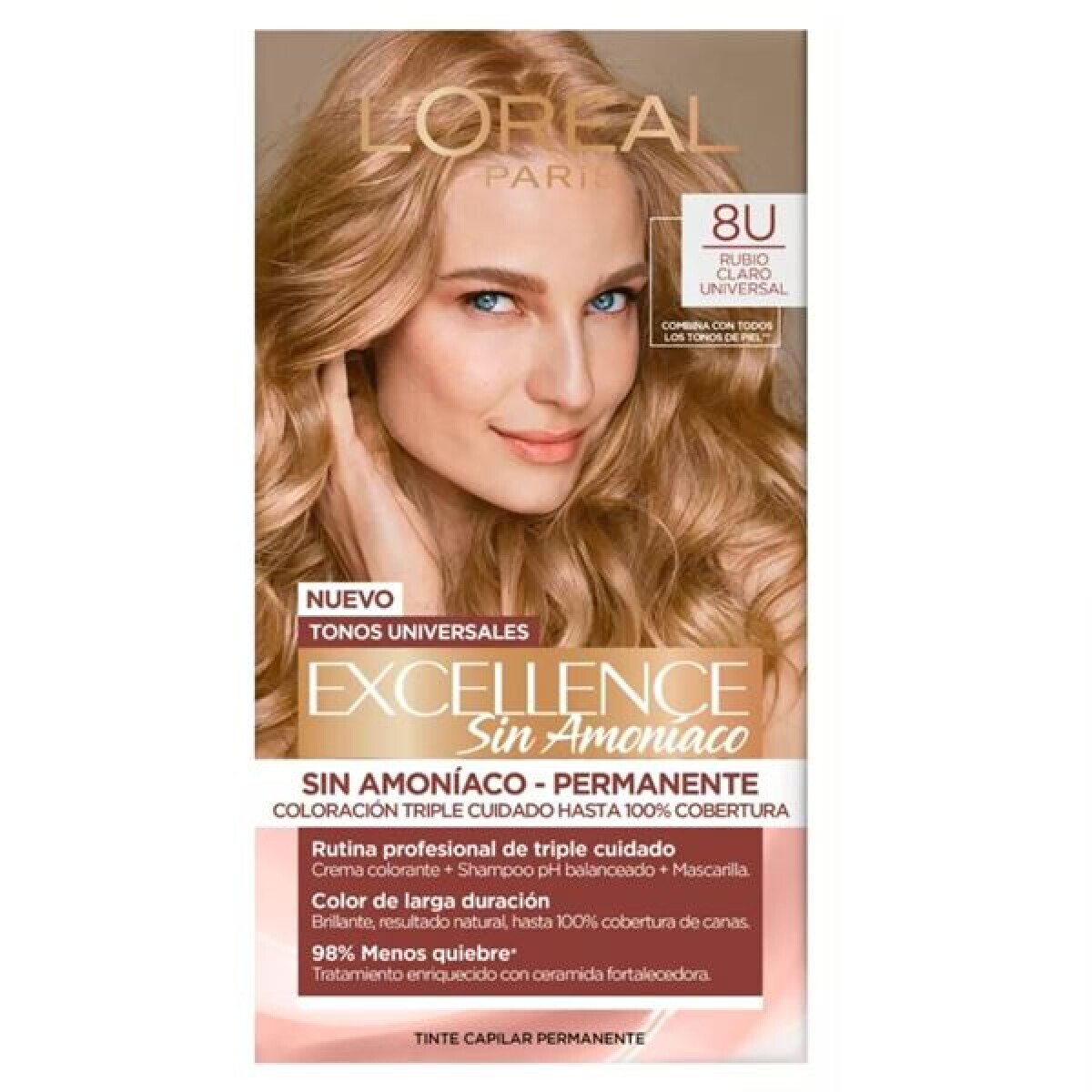 Tinta L’Oréal Excellence Sin Amoníaco N°8U Rubio Claro Universal – Color Seguro y Luminoso