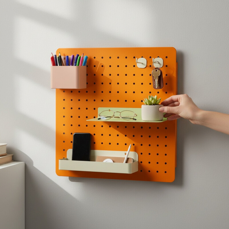 Panel perforado pegboard metálico organizador de pared 40x40 cm – Multiuso para el hogar Naranja