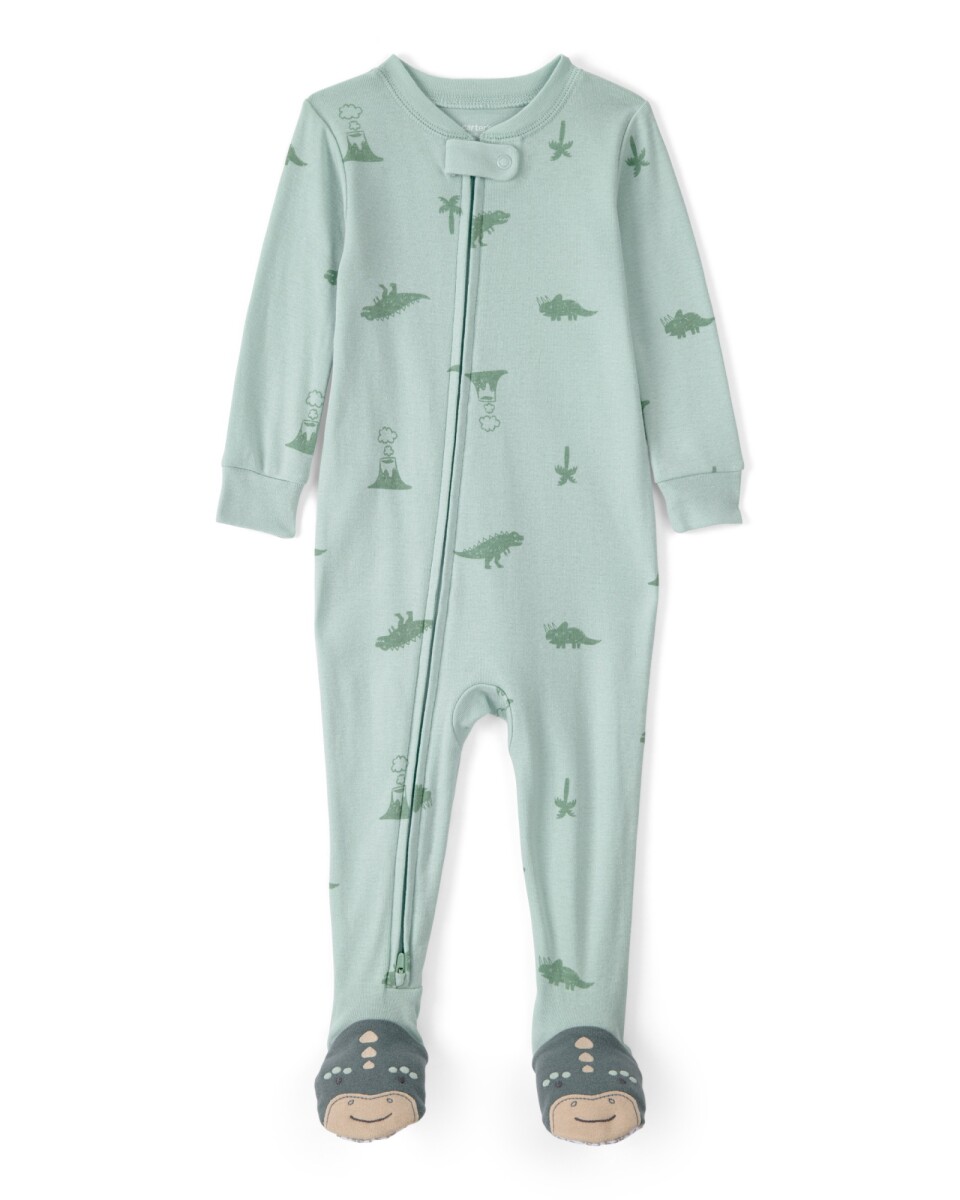 Pijama enterito de algodón con pie, verde, diseño dinos. Talles 2-5T 