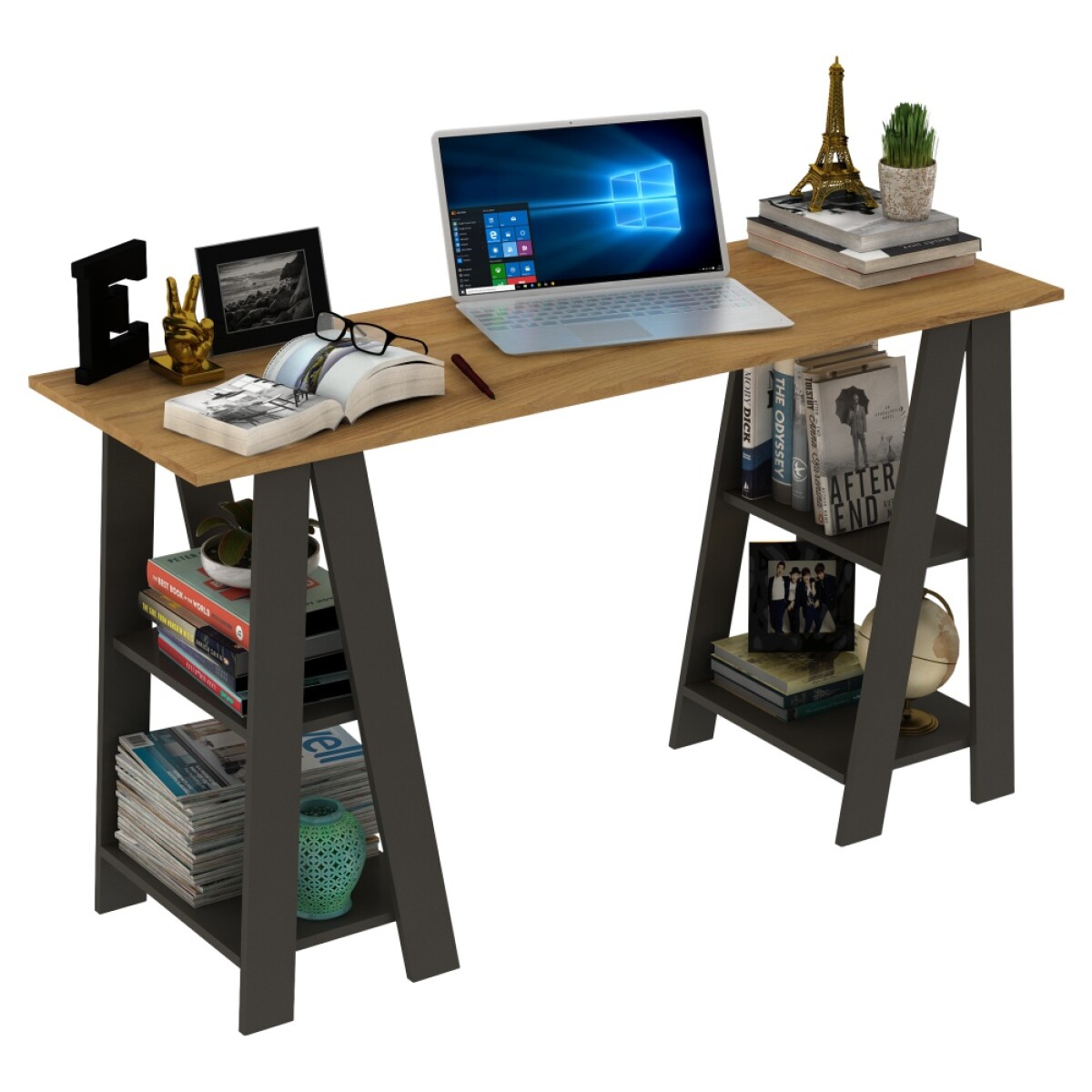 [OUTLET] Escritorio CAPI - Diseño minimal con caballete y estantes [Madera hinchada por humedad] 