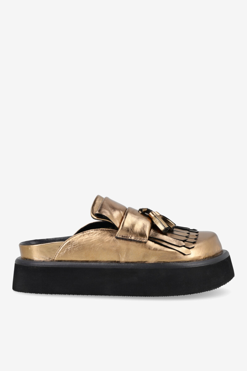 ZUECO CON PLATAFORMA Y FLECOS Oro