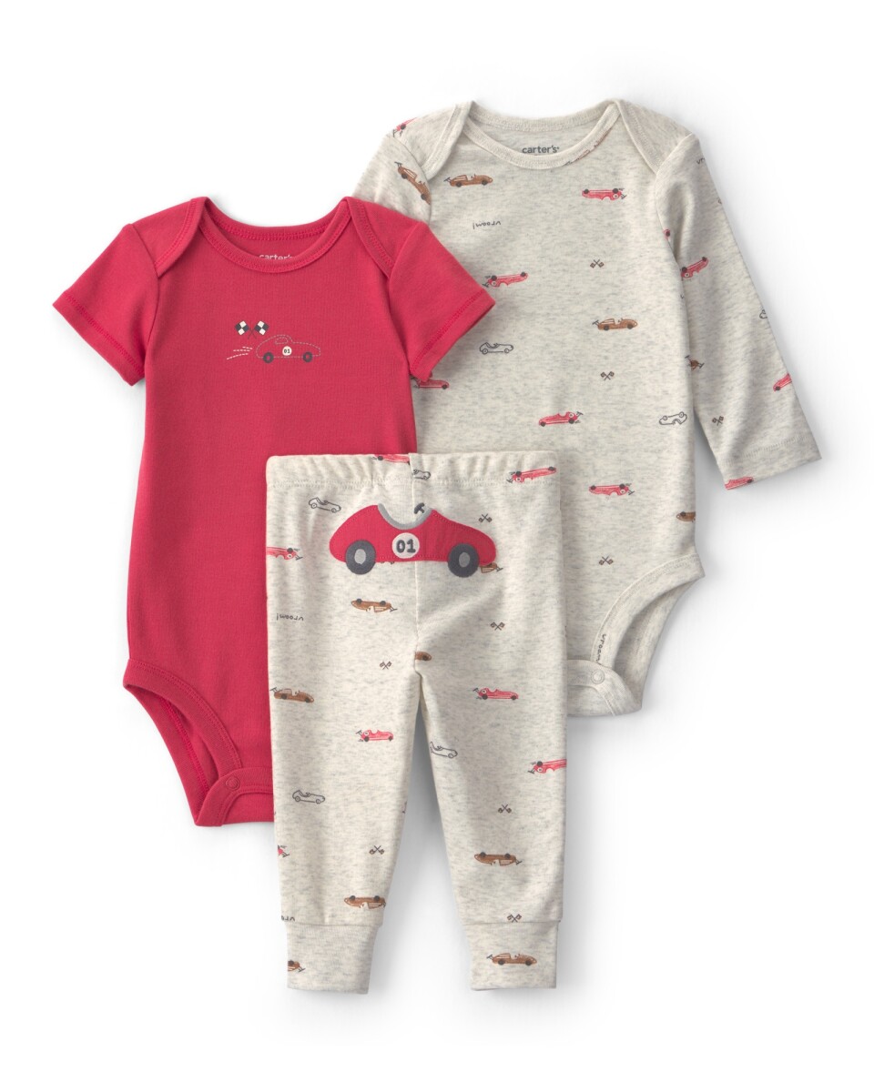 Set tres piezas de algodón, pantalón y bodies, gris y rojo, diseño autos de carrera 