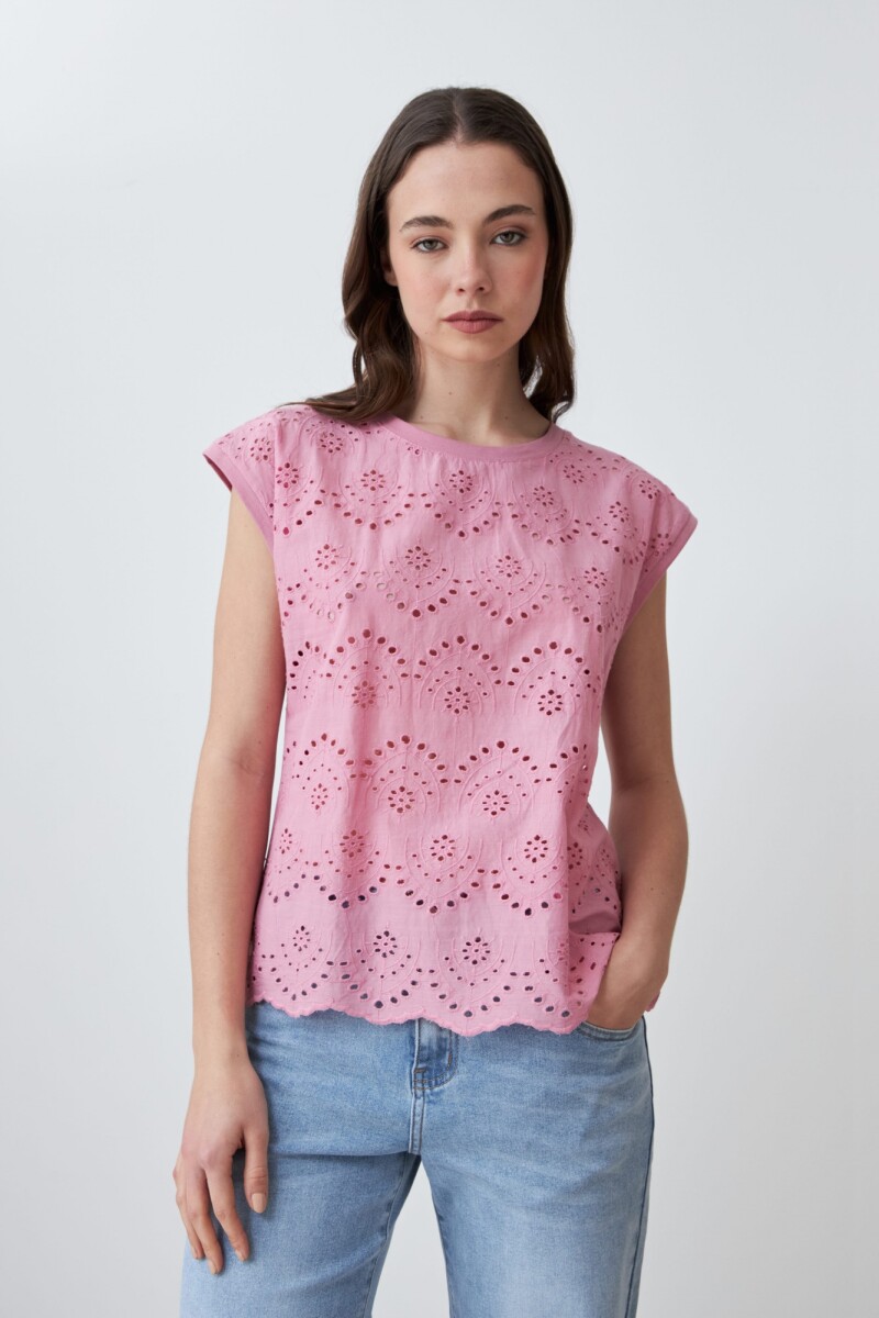 Blusa frente broderie rosa pastel