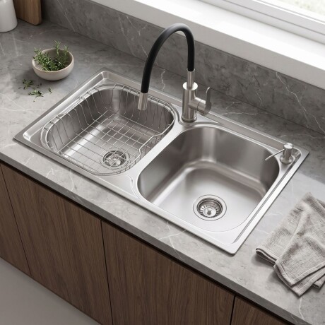 Pileta de cocina Lumax Acero Doble Canilla flexible 78x42 cm Negro