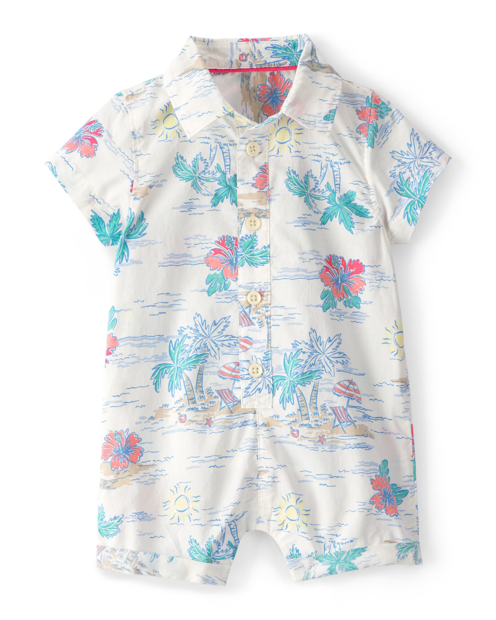 Monito corto de algodón, cuello camisero, diseño tropical Monito corto de algodón, cuello camisero, diseño tropical