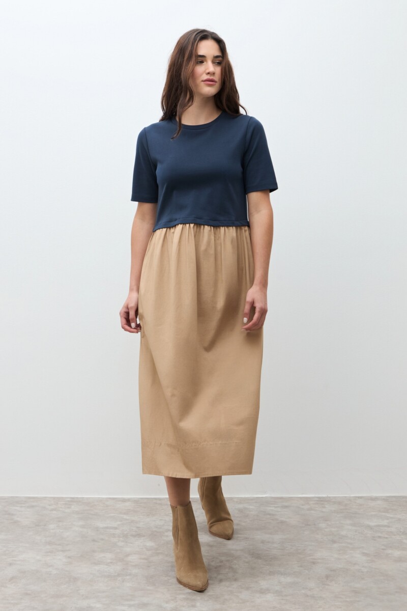 Vestido bicolor manga corta azul marino