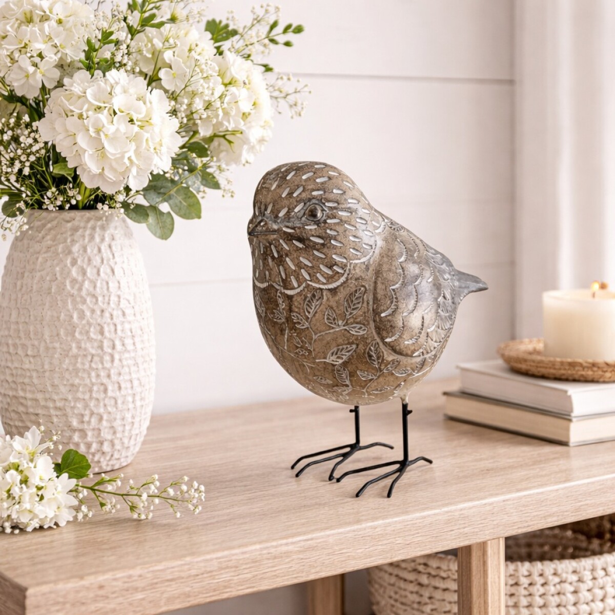 Pájaro Decorativo de Poliresina Tallada con Patas de Metal 