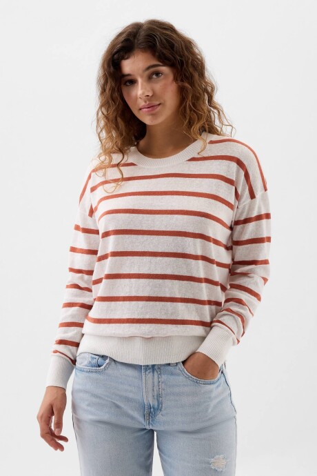 Buzo De Lino Cuello Redondo Mujer New Off White Stripe