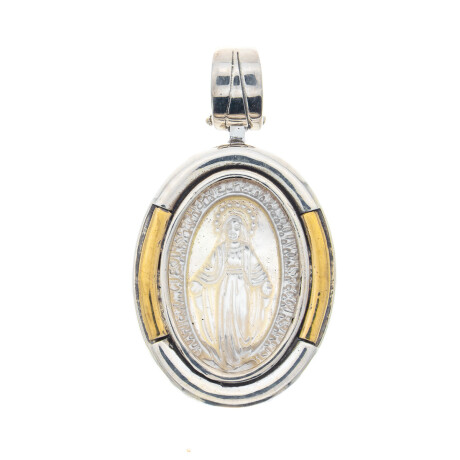 Medalla religiosa de plata 925, double en oro 18 ktes y nácar, MILAGROSA. Medalla religiosa de plata 925, double en oro 18 ktes y nácar, MILAGROSA.