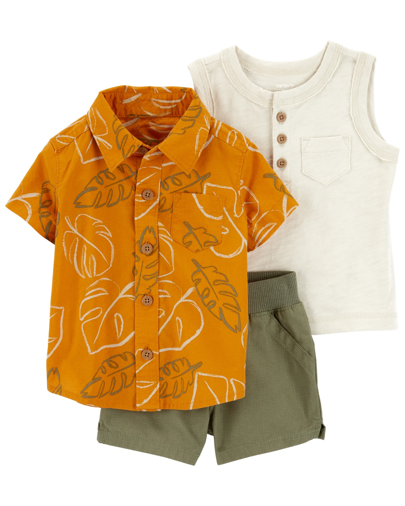 Set tres piezas de algodón, short, camisa y musculosa Set tres piezas de algodón, short, camisa y musculosa