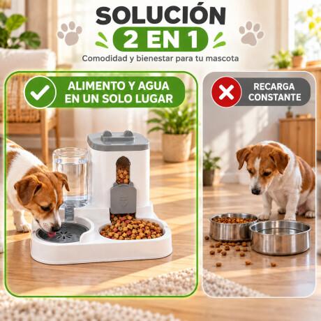 Plato Bebedero Dispensador 2En1 Alimento Agua 0,8L Mascotas Gris