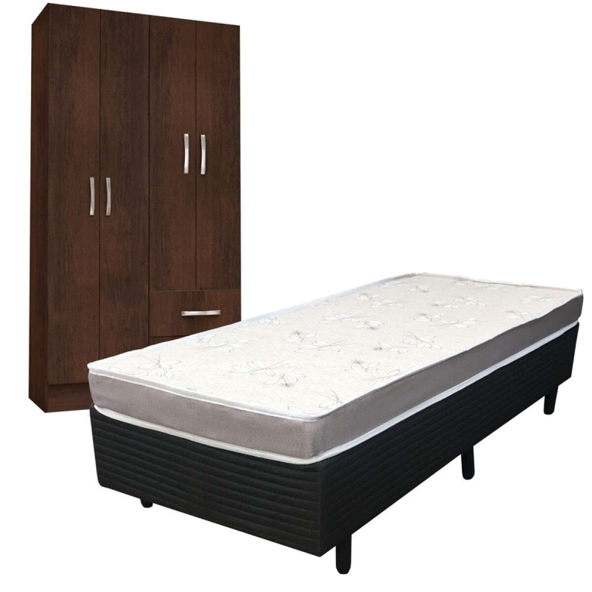 Juego de Dormitorio Sommier Quito 1 Plaza y Ropero 4 Puertas 2 Cajones Rústico 