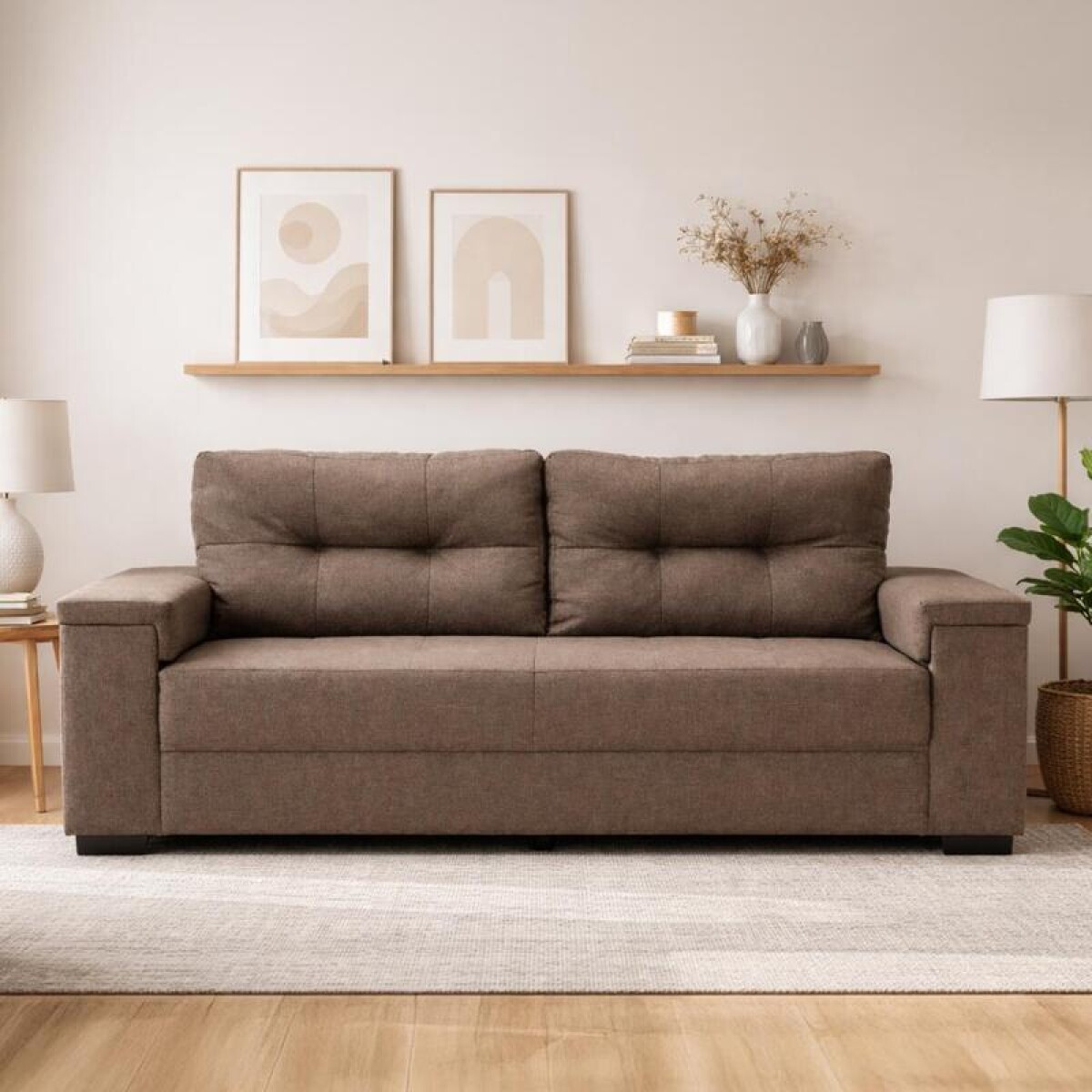 Sillón Sofá de 3 Cuerpos Amsterdam en Lino– Estructura de Madera Maciza y Confort Soft Color Marrón 