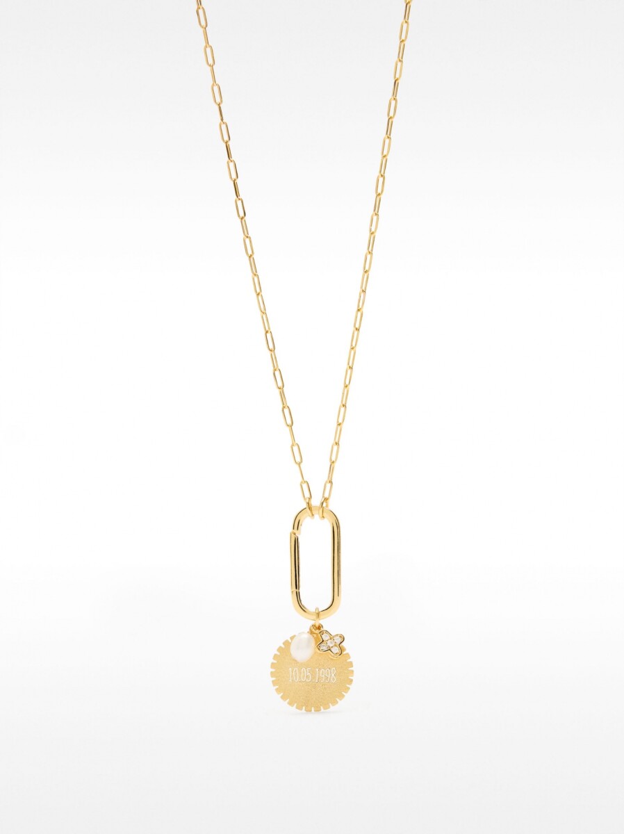 Collar De Eslabones Con Medalla Y Perla De Agua Dulce - Plata De Ley 925 - dorado 