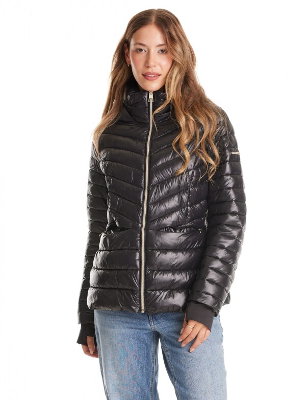 Campera Puffer Satinada Con Capucha Y Puños NEGRO