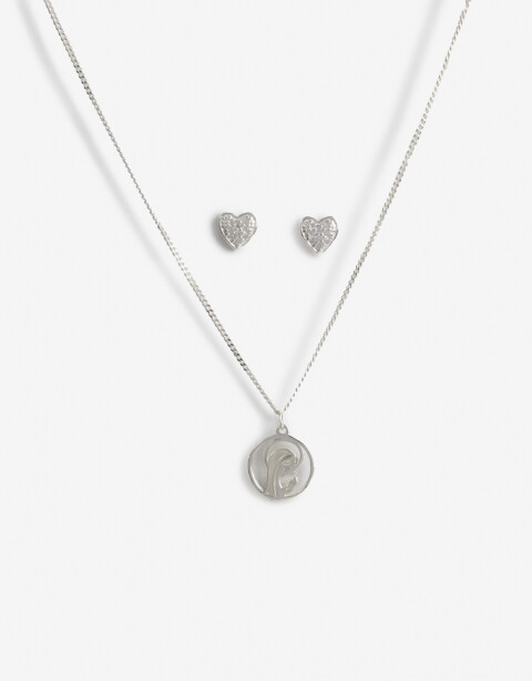 Bijouterie Set Metal Set Para Niñas En Plata Aros Corazón Y Dije Virgen Niña - Plateado Rodio