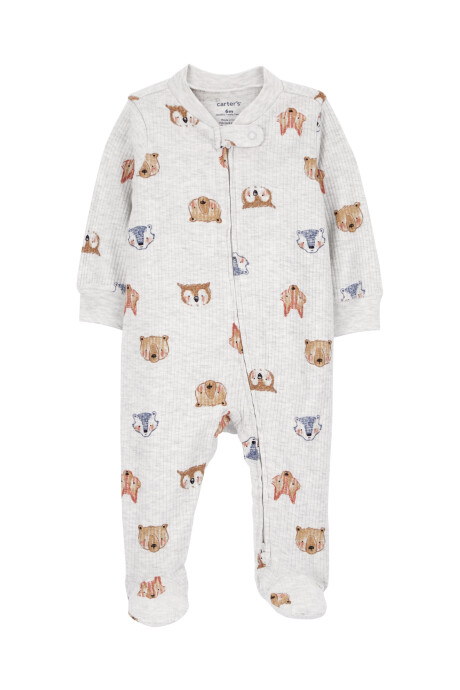 Pijama uno pieza de algodón acanalado, con pie, diseño animales. Talles PRE-9M Sin color