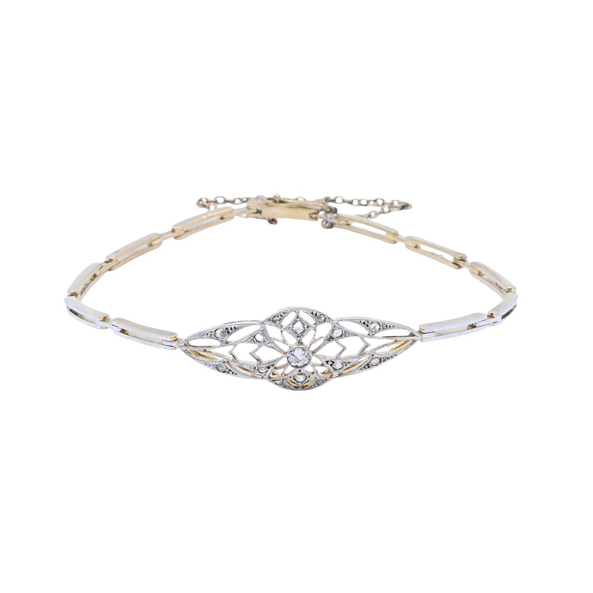 Pulsera oro 18k antigua con brillante y diamantes. 