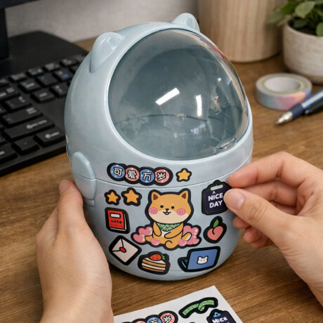 Papelera Gatito de escritorio 13x16cm Celeste