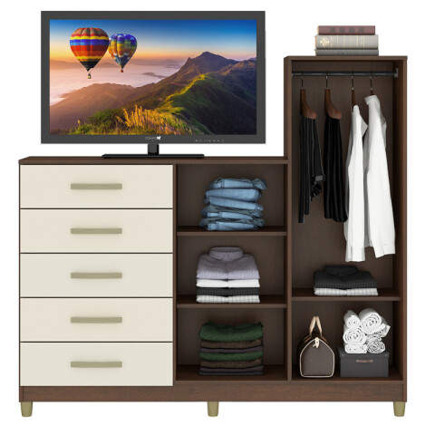 Comoda Cajonera Rack TV 46" de 5 cajones 2 puertas 1 perchero y 3 estantes internos para Dormitorio o Living - FE - R/Champán Comoda Cajonera Rack TV 46" de 5 cajones 2 puertas 1 perchero y 3 estantes internos para Dormitorio o Living - FE - R/Champán