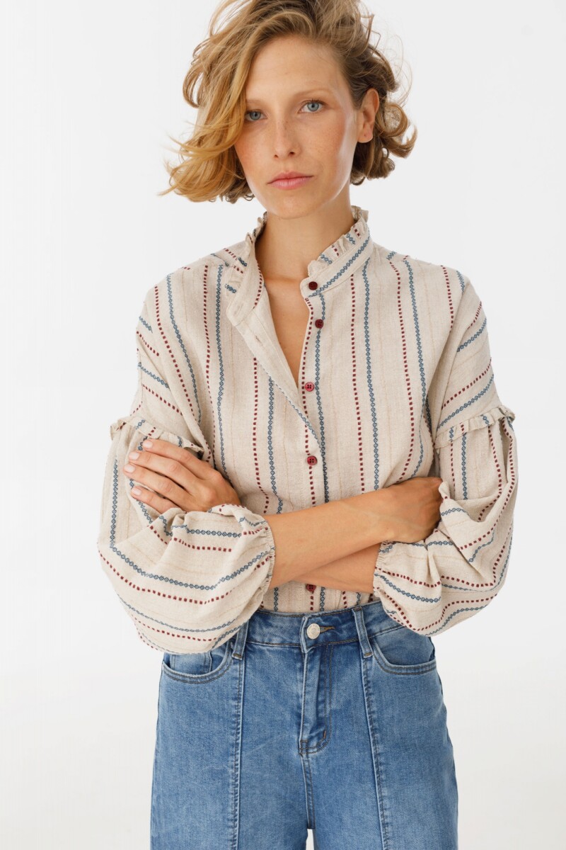 Camisa Ambar Beige raya bordeaux