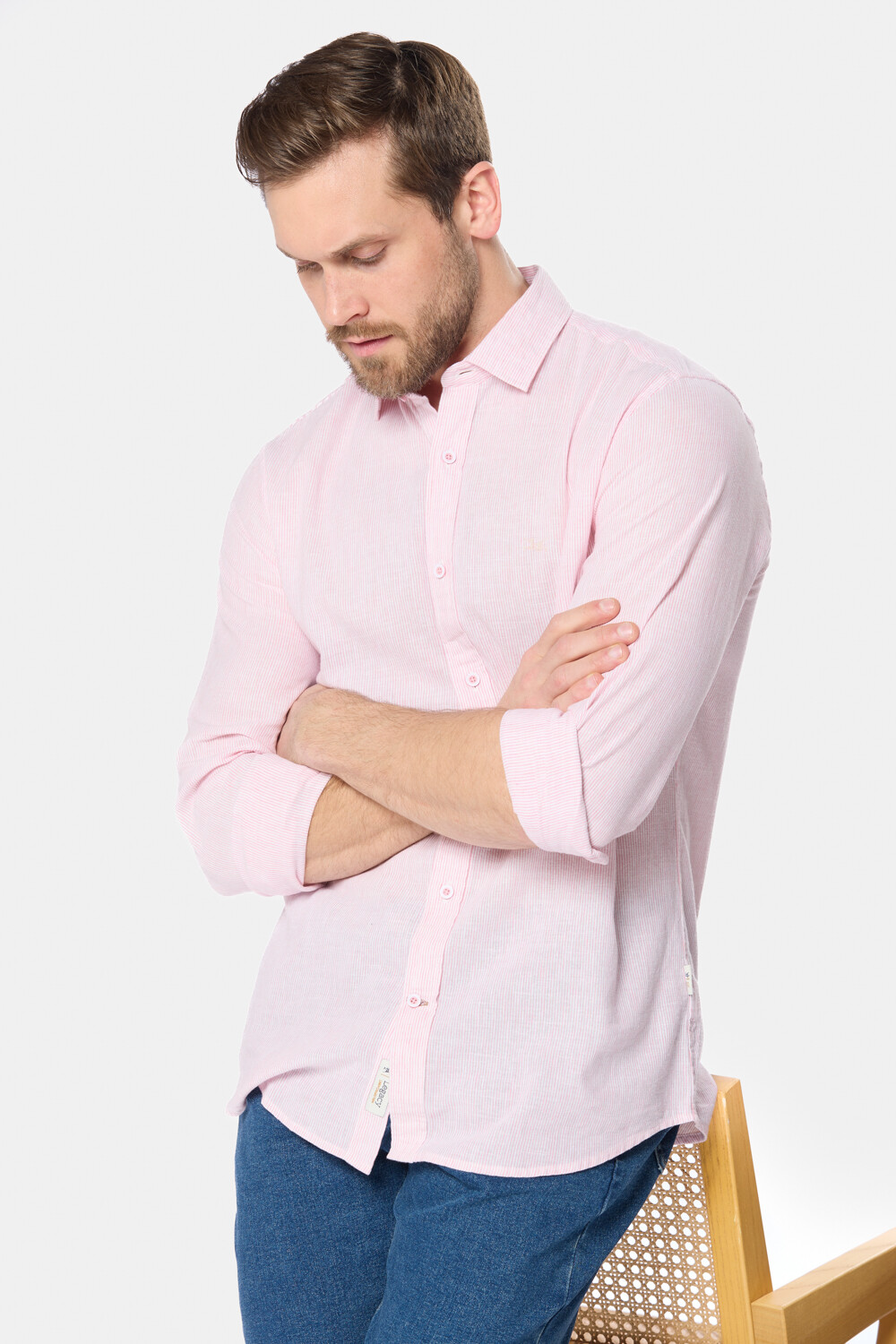 CAMISA DE LINO RAYADA Rosa