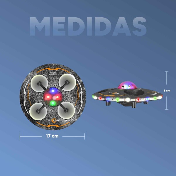 Drone Ovni Ufo Nave Espacial Luces RGB Control Remoto 80 Mts Color Negro