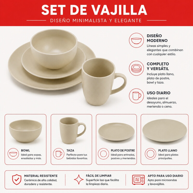 Juego Vajilla 16pcs llano 27/20/14/350ml BEIGE