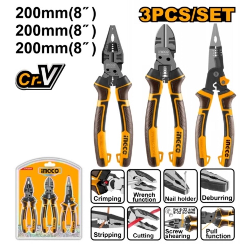 Set x3 Pinzas Alicates 8" INGCO modelo HKMPS2831 Set x3 Pinzas Alicates 8" INGCO modelo HKMPS2831