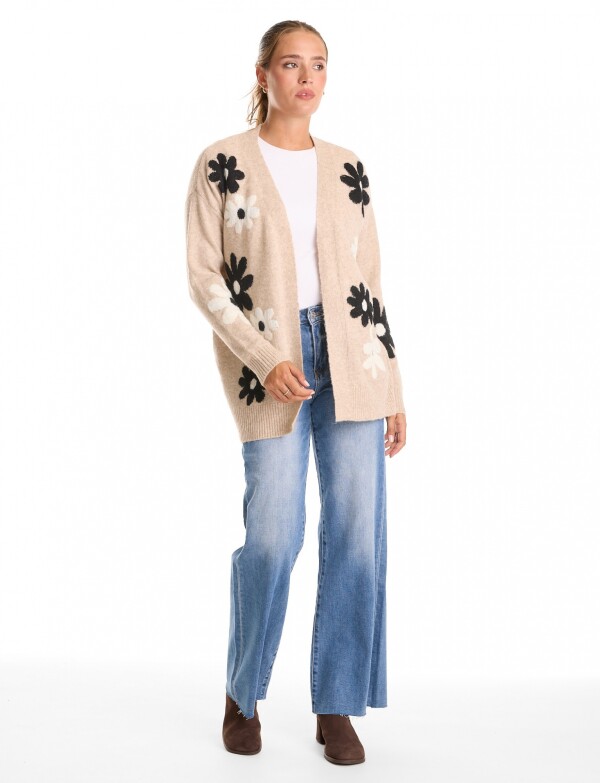 Cardigan Jacquard Flores & Calce Relajado BEIGE/MULTI