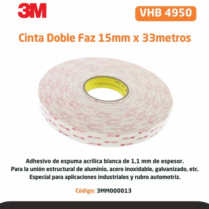CINTA DOBLE FAZ 4950 BLANCA 15MM X 33M ESP 1,1MM - 3M CINTA DOBLE FAZ 4950 BLANCA 15MM X 33M ESP 1,1MM - 3M
